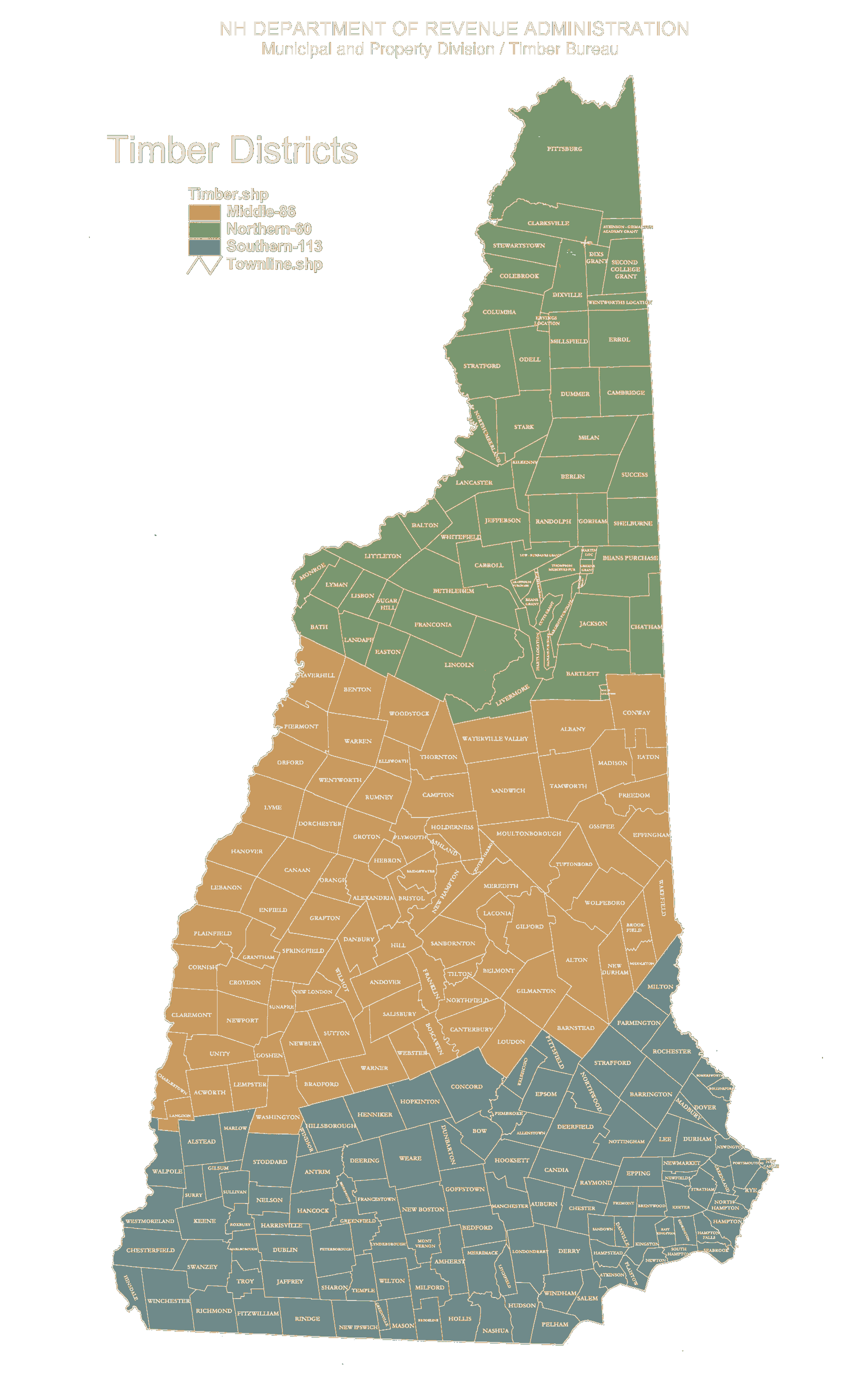 New Hampshire timber districts map, Northern, Middle, and Southern